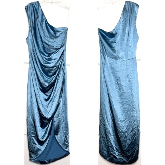 *NWT ELLIATT 70s Satin Sleeveless 1 Shoulder Ruched Faux Wrap Asymmetric Dress M - Picture 12 of 16